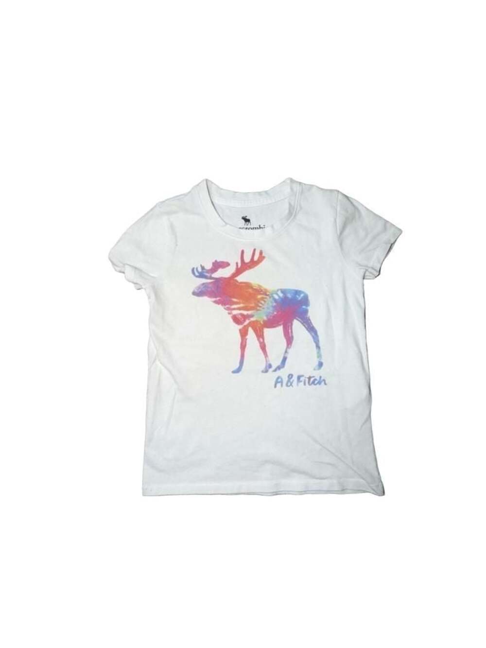 Abercrombie Kids Girls White Short T-Shirt with Tie-Dye Moose Logo